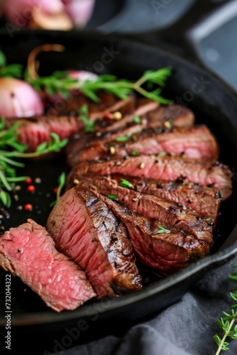 A tenderly sliced sous-vide beef steak presented in a cast iron pan