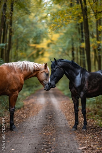 A stallion and mare  horses in love  sniffing each other nose to nose on a forest road