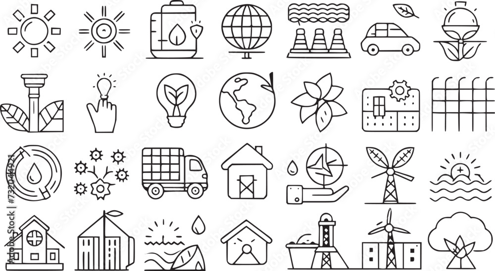 Set of green energy icons. 