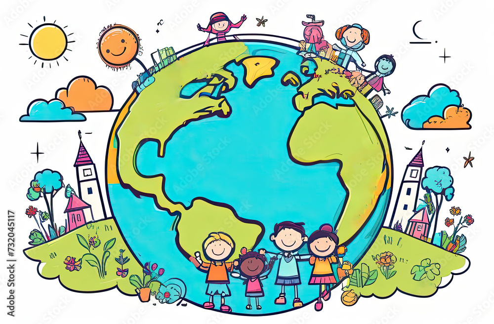 Naklejka premium Planet Earth illustration, cartoon, water planet earth, living planet. Save the Planet Concept. Happy Earth Day.