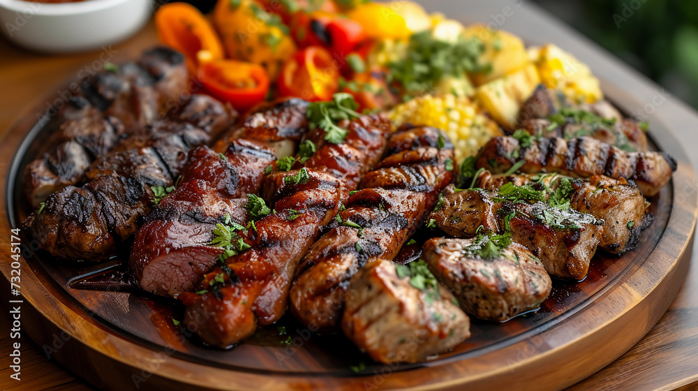 a wooden platter filled with meat and veggies