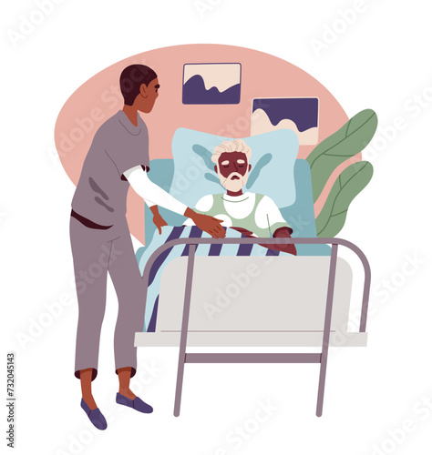 Caring for elderly person concept. Nurse help old man in bed. Health care and medicine, treatment. Kindness and charity. Poster or banner. Cartoon flat vector illustration isolated on white background