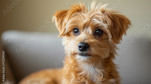 Minimalist capture of an adorable small dog, showcasing its endearing fluffy coat and sweet expression