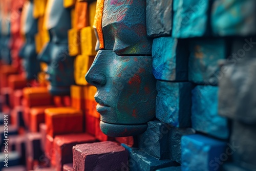 A vibrant street art masterpiece brings a sense of whimsy and wonder with its playful blue blocks, each one painted with a unique and expressive face