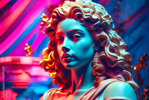 3D image of a classic antique white woman statue illuminated with multi-colored pink and blue neon lights.