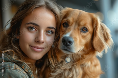 A cheerful woman and her loyal dog, a beautiful brown breed, share a moment of pure joy and love in an outdoor portrait