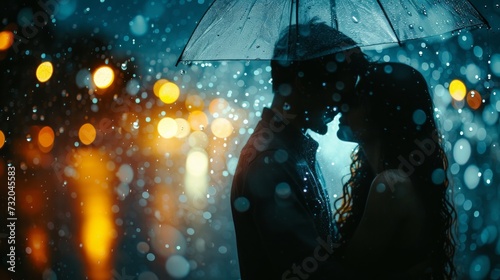 Simple yet evocative image of a couple embracing tenderly amidst the raindrops