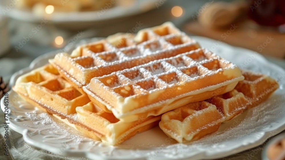 Minimalist shot of Belgian waffles arranged artfully on a white plate