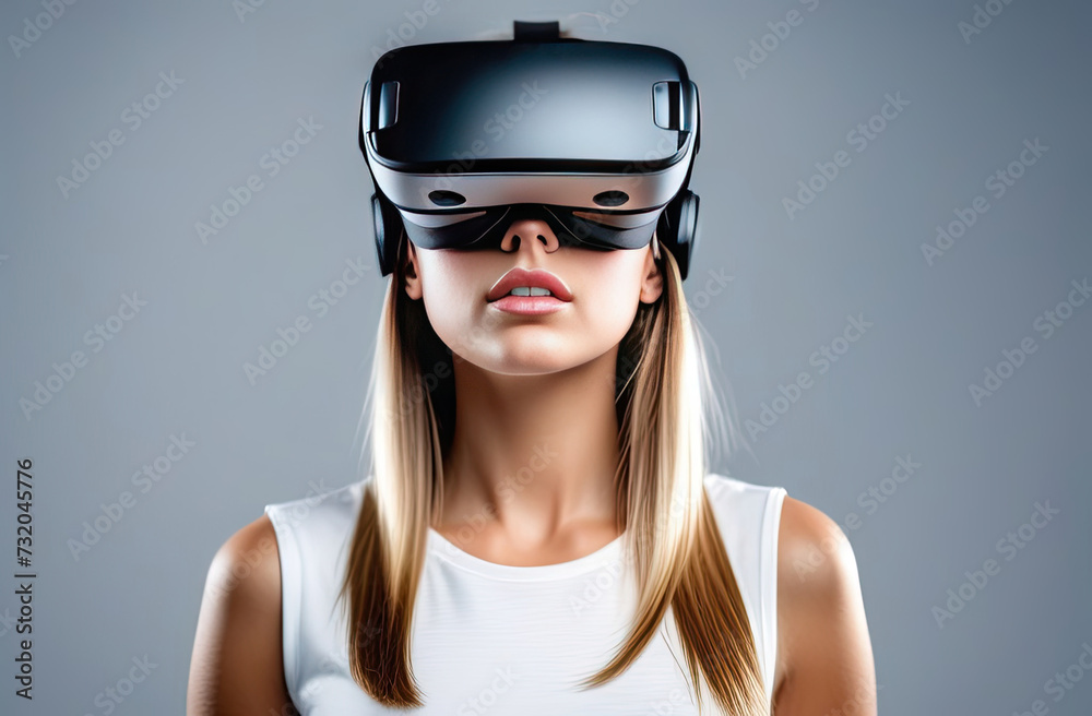 The portrait of young people wearing VR glasses, modern background. Technology, Contemporary art, Virtual reality, video games concept. The portrait of young people wearing VR glasses, modern background. Technology, Contemporary art, Virtual reality, video games concept.