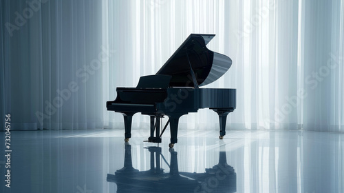 Minimalist shot of a grand piano, exuding timeless sophistication and musical...