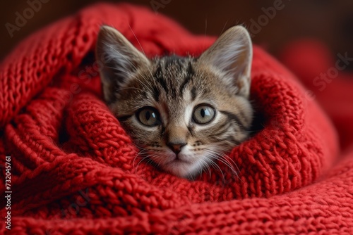 A cozy malayan cat with fluffy fur peeks out from under a red blanket, revealing its curious whiskers as it snuggles indoors © familymedia