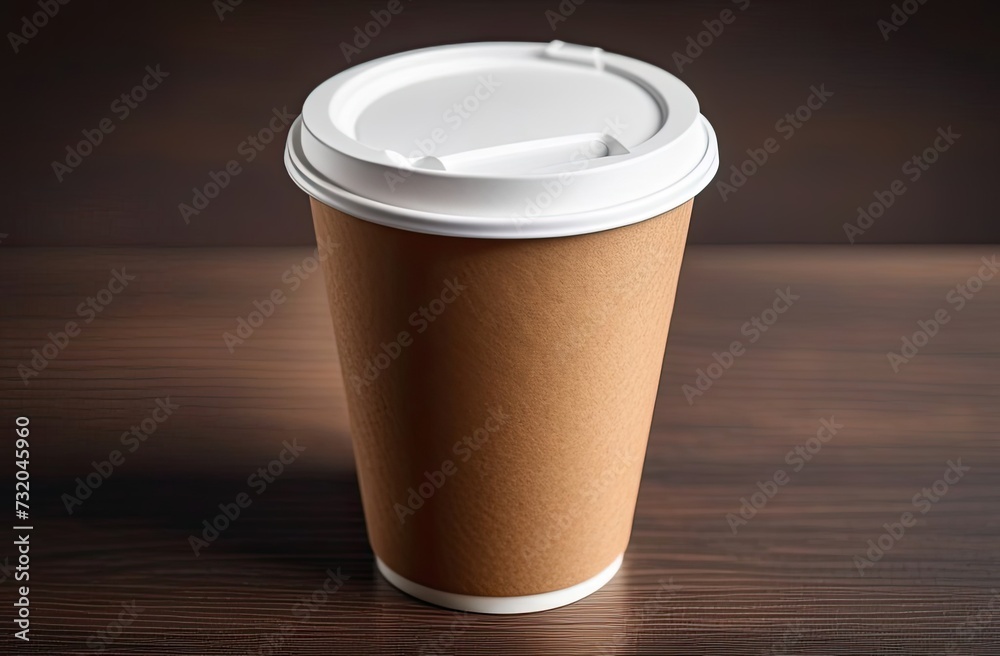 Eco friendly paper craft cup for coffee with black lid on the white wooden background. Zero waste, plastic free concept. Sustainable lifestyle. Front view. Eco friendly paper craft cup for coffee with black lid on the white wooden background. Zero waste, plastic free concept. Sustainable lifestyle. Front view.