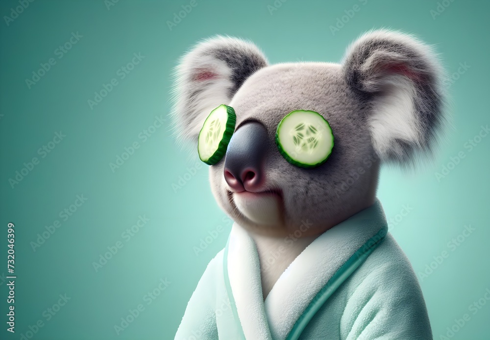 A Koala in a Relaxation Spa Setting, Wearing a Bathrobe and Cucumber Slices on Eyes. Soothing Side Composition on a Mint Green Background with Copyspace.