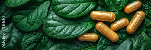 Herbal supplement capsules arranged on a bed of lush green leaves