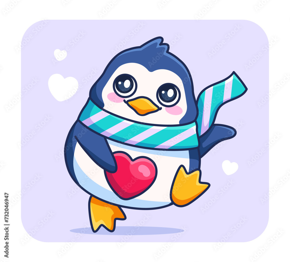 Fun poster with animal. Adorable penguin walk with heart. Zoology and wild life. Mascot or toy for children. Banner, cover or poster. Cartoon flat vector illustration isolated on white background Fun poster with animal. Adorable penguin walk with heart. Zoology and wild life. Mascot or toy for children. Banner, cover or poster. Cartoon flat vector illustration isolated on white background