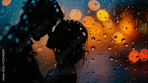 Simple yet evocative image of a couple embracing tenderly amidst the raindrops