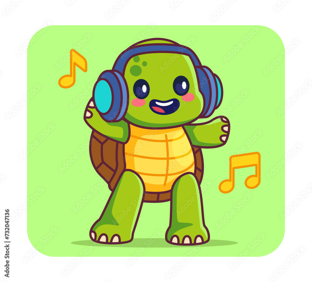 Fun poster with animal. Adorable turtle in headphones. Zoology and wild life. Mascot or toy for children. Social media sticker. Cartoon flat vector illustration isolated on white background