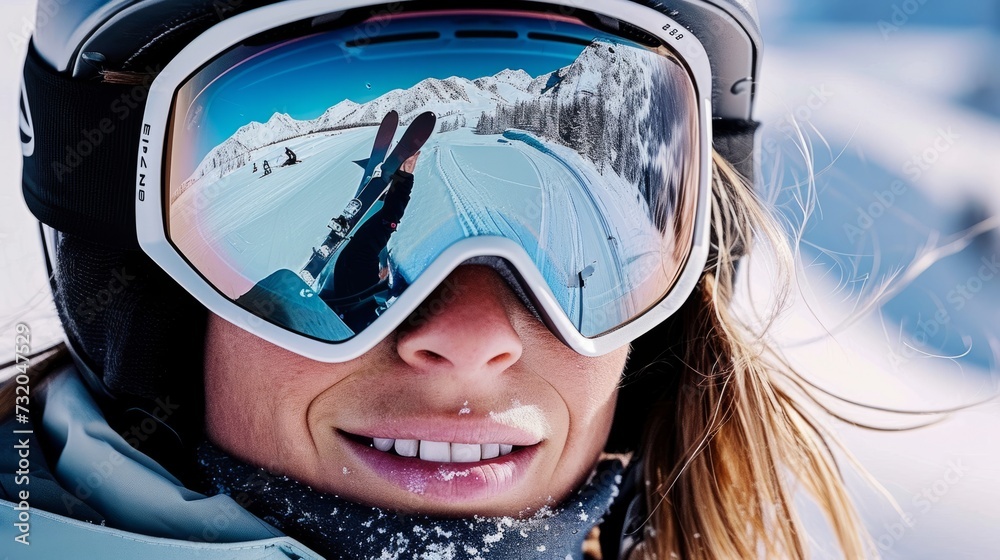 Close-up portrait of a female snowboarder or skier wearing protective helmet and ski goggles. Beautiful smiling Caucasian woman in ski goggles with reflection of snowed mountains and blue sky. Close-up portrait of a female snowboarder or skier wearing protective helmet and ski goggles. Beautiful smiling Caucasian woman in ski goggles with reflection of snowed mountains and blue sky.
