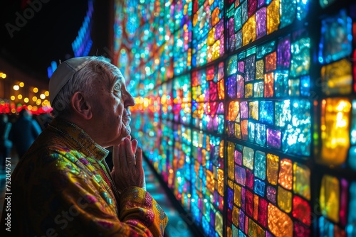 A devout man seeks solace in the vibrant colors of a stained glass wall, his white hat a symbol of purity and his prayer a beacon of hope in the indoor sanctuary