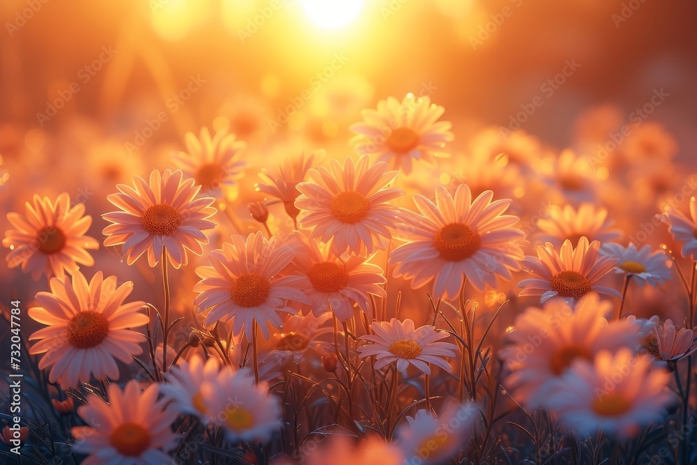 Vibrant chrysanths bask in the warm glow of the setting sun, their delicate petals radiating a golden hue and releasing their pollen into the outdoor oasis of nature