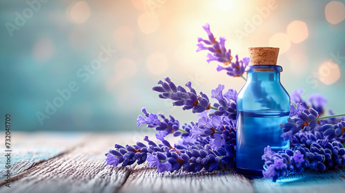 Lavender aromatherapy essentials on a wooden background, promoting wellness and relaxation in a spa setting
