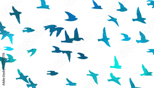 A flock of blue watercolor flying birds. Free birds abstraction. hand drawing. Not AI. Vector illustration