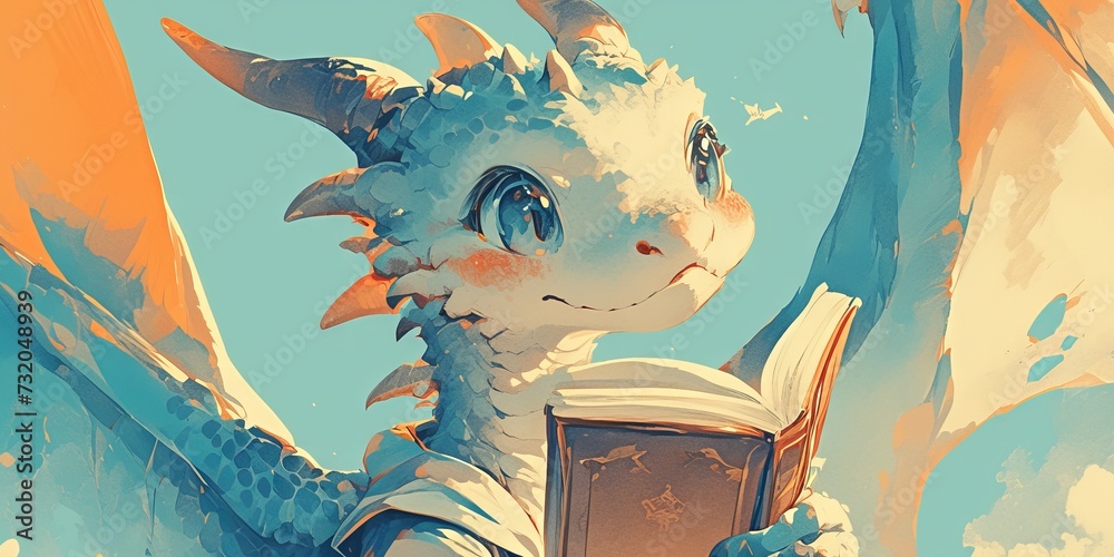 cartoon dragon hugs a stack of books. Concept: love of reading and education, mythical animal character learn
 - obrazy, fototapety, plakaty 
