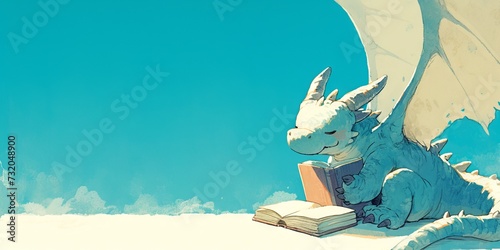 Cute illustration of a little dragon with a book on a pastel background. Concept: love of reading and education, mythical animal character learn
 photo