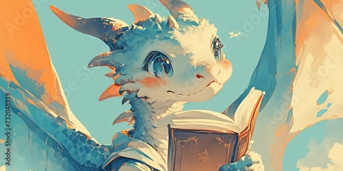 cartoon dragon hugs a stack of books. Concept: love of reading and education, mythical animal character learn
 photo