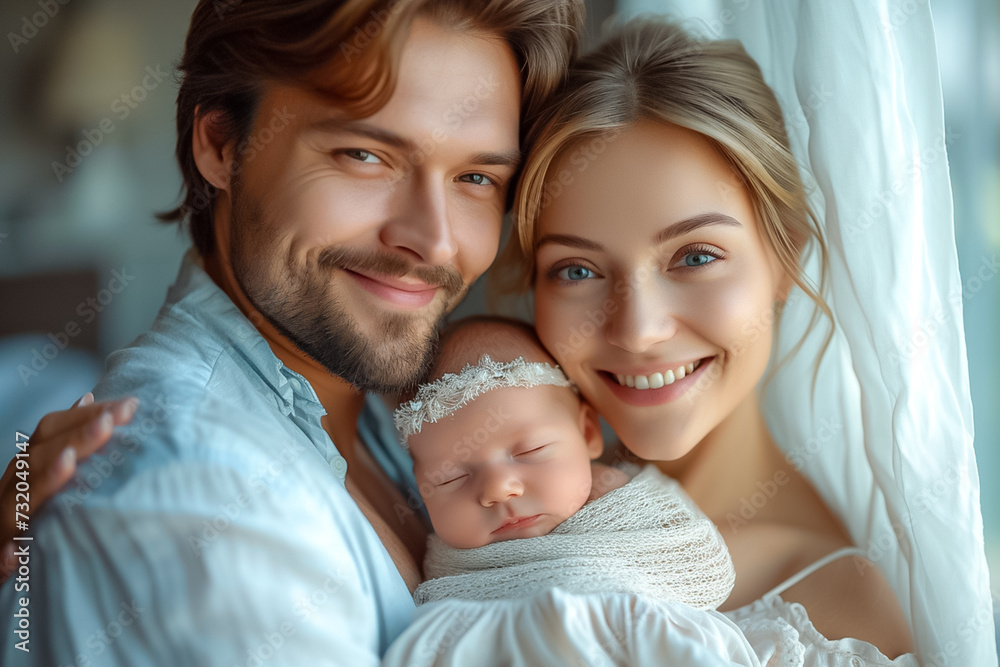 Family, parenthood and people concept. Happy young mother, father with new born baby at home,