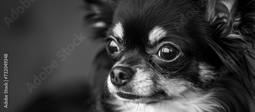 A black and white photo capturing a Chihuahua, a small dog breed with pointed ears and a snout, in a candid pose, gazing at the camera. photo