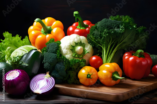 Vegetables and juicy greens on a wooden board on a dark background. Healthy lifestyle
