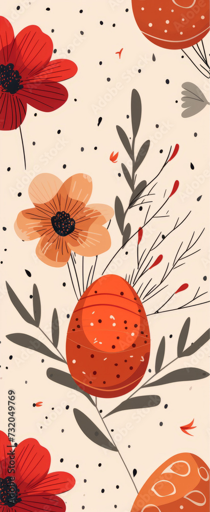 Fototapeta premium Creative vertical Easter banner with pattern of painted eggs and spring flowers.