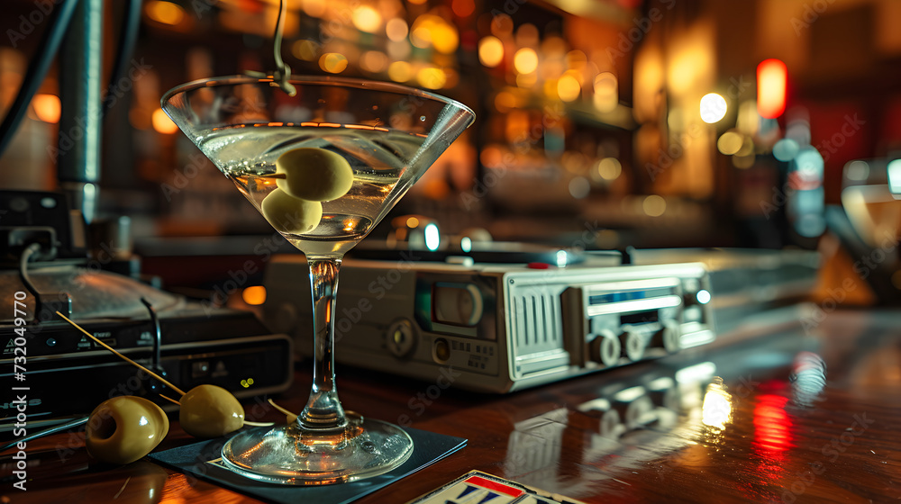 Cinematic wide angle photograph of a martini glass with an olive on a desk by a 90s cassette player. Product photography. Advertising.