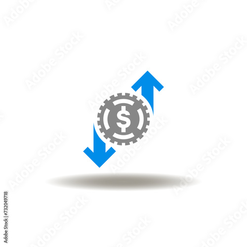 Vector illustration of coin dollar with arrow up and down. Icon of job costing. Symbol of financial profit and losses.