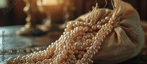 Fotografia A bag of pearls rests on a table, surrounded by items like jaw, wood, and fur, creating an intriguing display of terrestrial and underwater elements