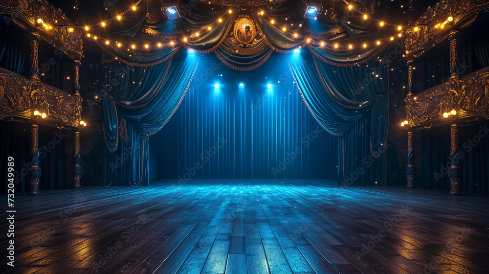 an empty stage with bright lights and blue curtains - obrazy, fototapety, plakaty 