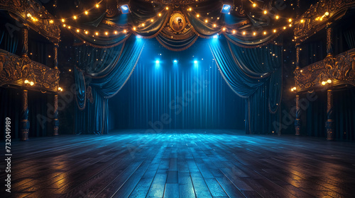 an empty stage with bright lights and blue curtains