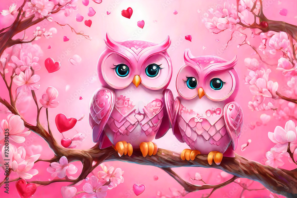 Fototapeta premium A couple of very cute two pink owls on a branch. Concept of love confession.