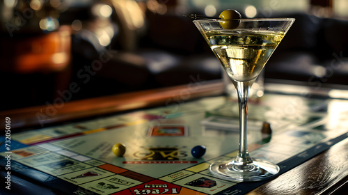 Cinematic wide angle photograph of a martini glass with an olive on a monopoly game table. Product photography. Advertising.