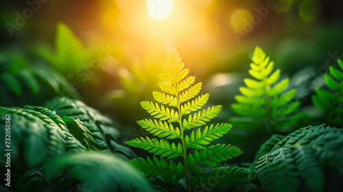 Lush Green Ferns in a Forest, Close-Up of Fresh Foliage, Natural Botanical Background