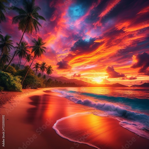 Beautiful sunset on the tropical beach. Colorful sky and sea. Beautiful nature background. 
