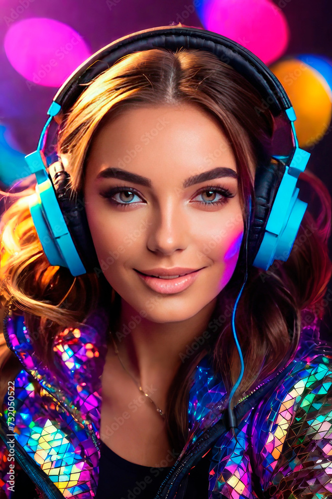 Portrait young beautiful girl DJ with headphones.