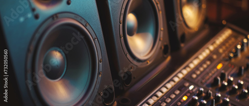 Close-up on studio monitors, capturing the essence of sound engineering and production photo