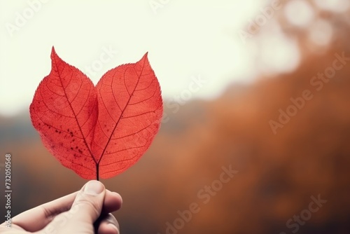 Autumn red leaf heart shape in woman hand with copy space  Valentine s day  Mother s day  Women s Day and love concept