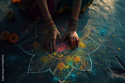Hands on rangoli ornament. Indian religious holidays concept. Gudi Padwa, Ugadi, Hindu New Year celebration.