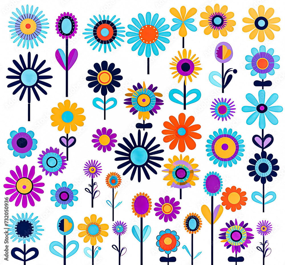 Set of minimalistic beautiful garden and field flowers on white background.