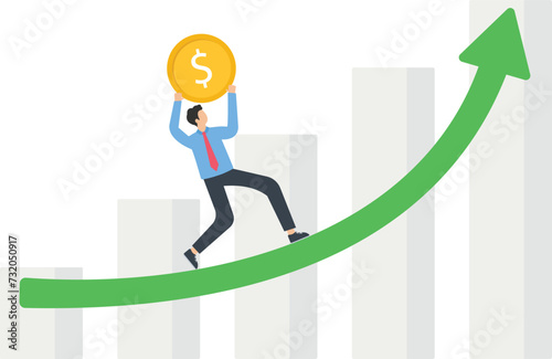 Financial and economic growth, increase in investment portfolio and savings, growth in income and wages, profitability of investments and stocks, man carries coin along the growing arrow of the graph
