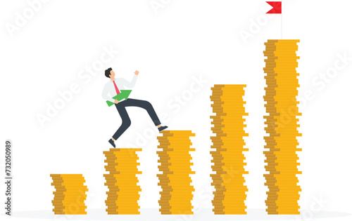 Financial and economic growth, increase in income and increase in the level of wages, profit from investments and bank deposits, success in managing own capital, a man runs on growing piles of coins
