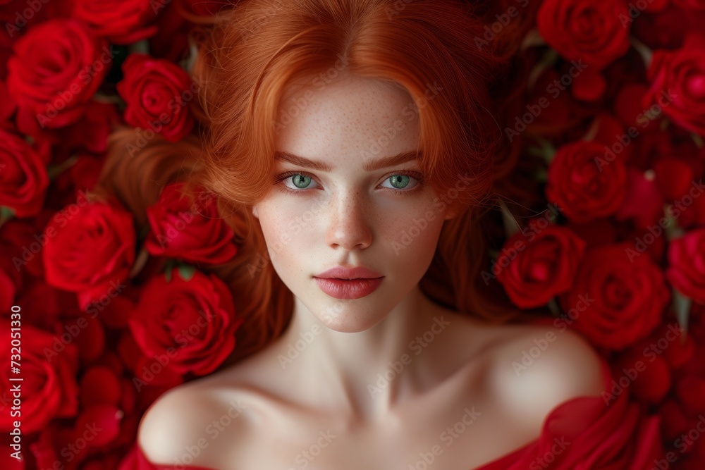 A fiery redhead with piercing green eyes and soft freckles, surrounded by the intense red of blooming roses, symbolizing celebration Valentine's Day A fiery redhead with piercing green eyes and soft freckles, surrounded by the intense red of blooming roses, symbolizing celebration Valentine's Day